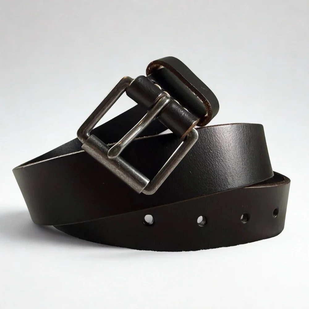 J.Crew Leather Roller Belt Mens 34 Dark Brown Rugged Heritage Stitching Buckle